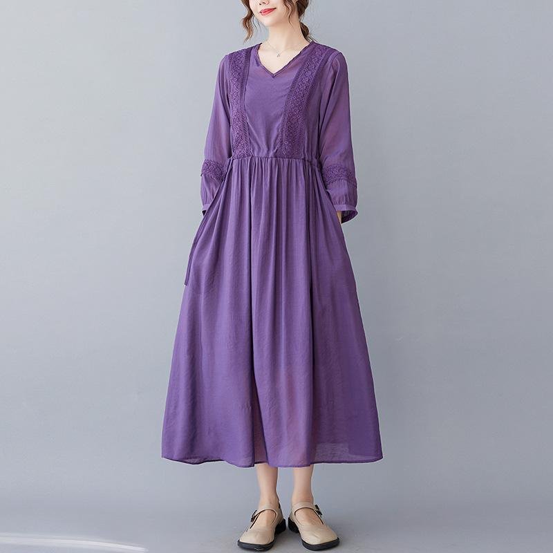 편하고 모던 심플 7부 문예풍 스트랩 원피스 롱 브이넥