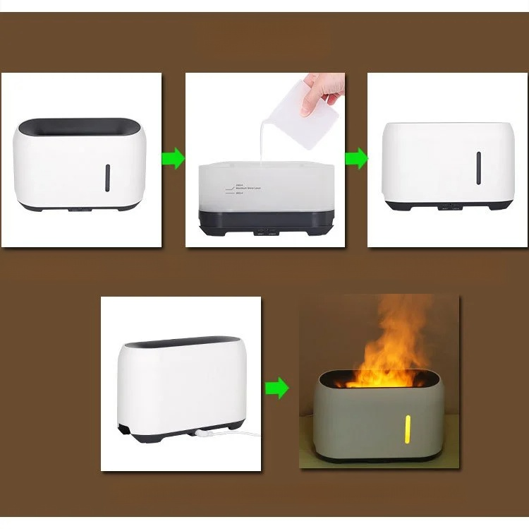 Luftbefeuchter mit buntem Flammeneffekt in Betrieb