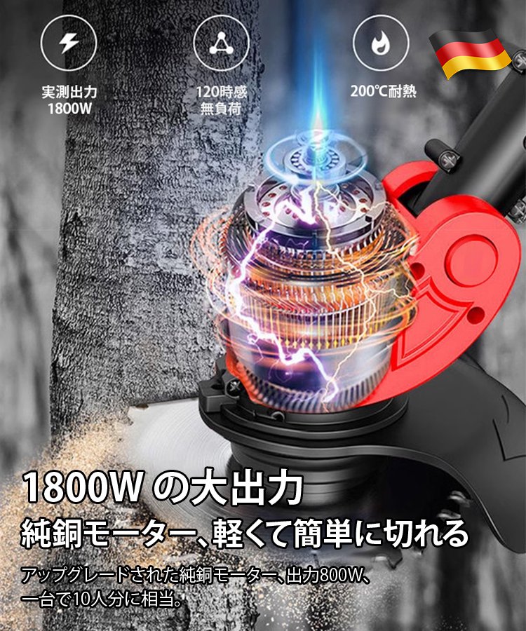 ドイツ輸入【木も切れる草刈機】毎分18000回転の銅製ブラシレスモーター、20センチの木も楽々切断