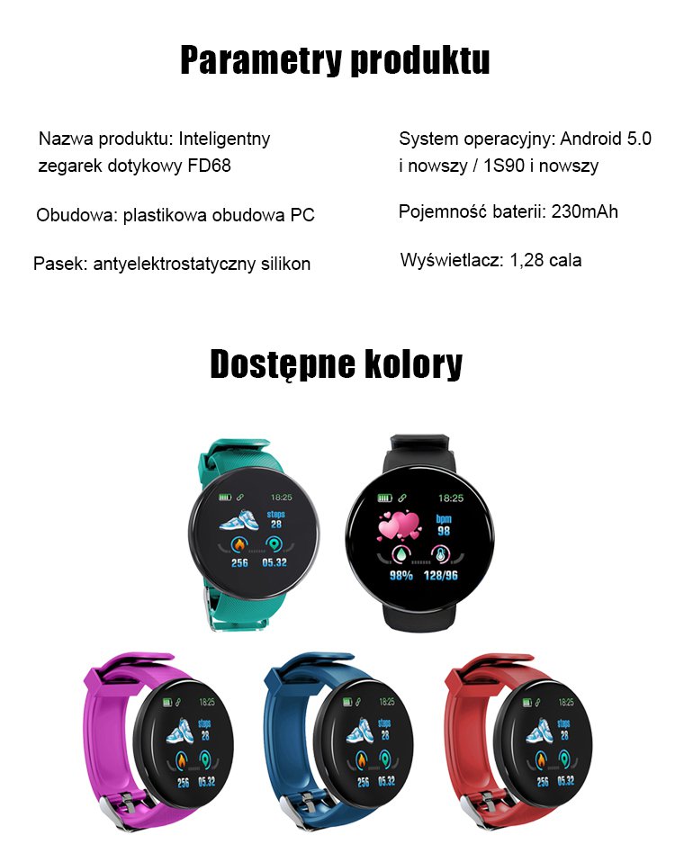 Zegarek sportowy D18 z monitorowaniem tętna i ciśnienia krwi