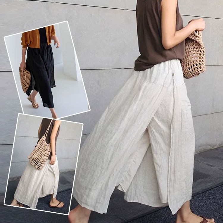 Two-piece loose cotton linen pants skirt
