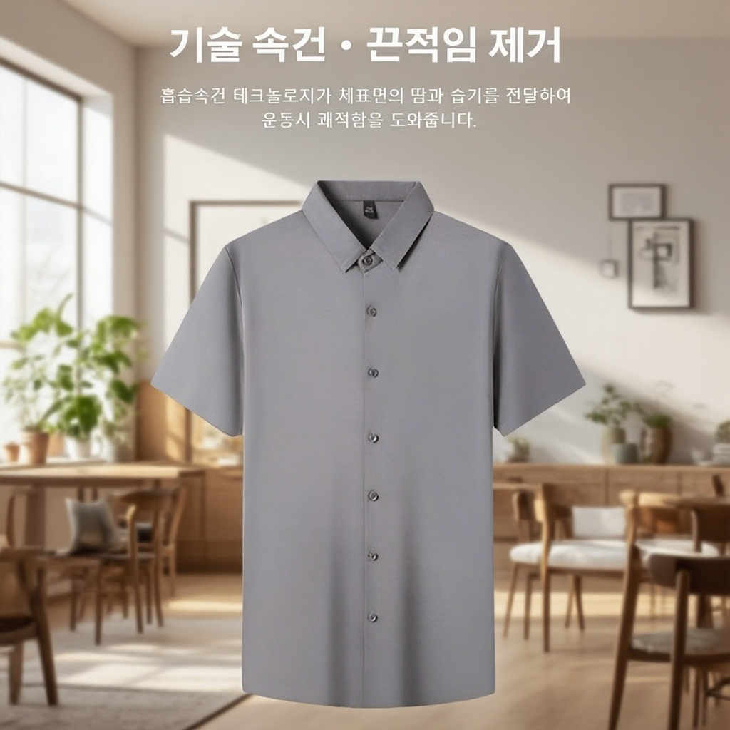 남자 아이스 비즈니스 캐주얼 반팔 셔츠 헴라인 주름 무지 남장 가운 반팔 셔츠