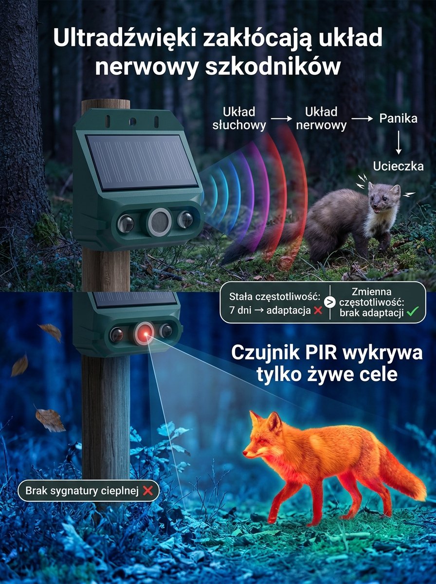 Solarny ultradźwiękowy odstraszacz ptaków i zwierząt