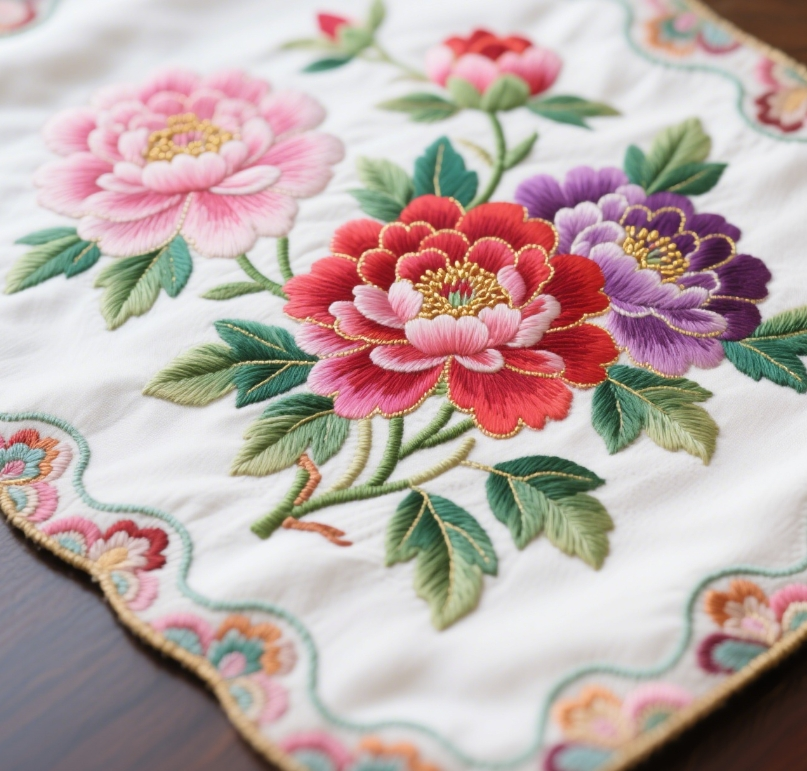 Détail de broderie artisanale sur sachet à thé