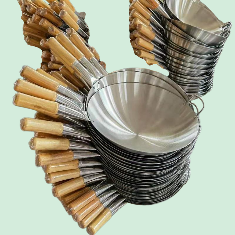 両耳と丸底のステンレス製フライパン、木製ハンドルと片手ハンドル、フライパン、大型大鍋、炒め用大鍋、田舎風大鍋