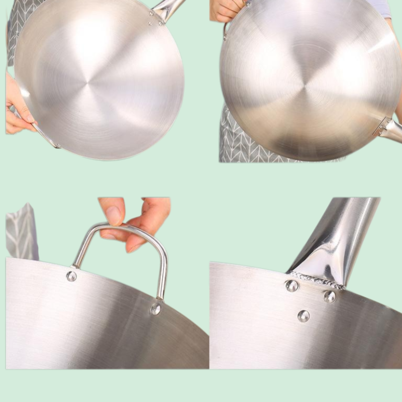 両耳と丸底のステンレス製フライパン、木製ハンドルと片手ハンドル、フライパン、大型大鍋、炒め用大鍋、田舎風大鍋