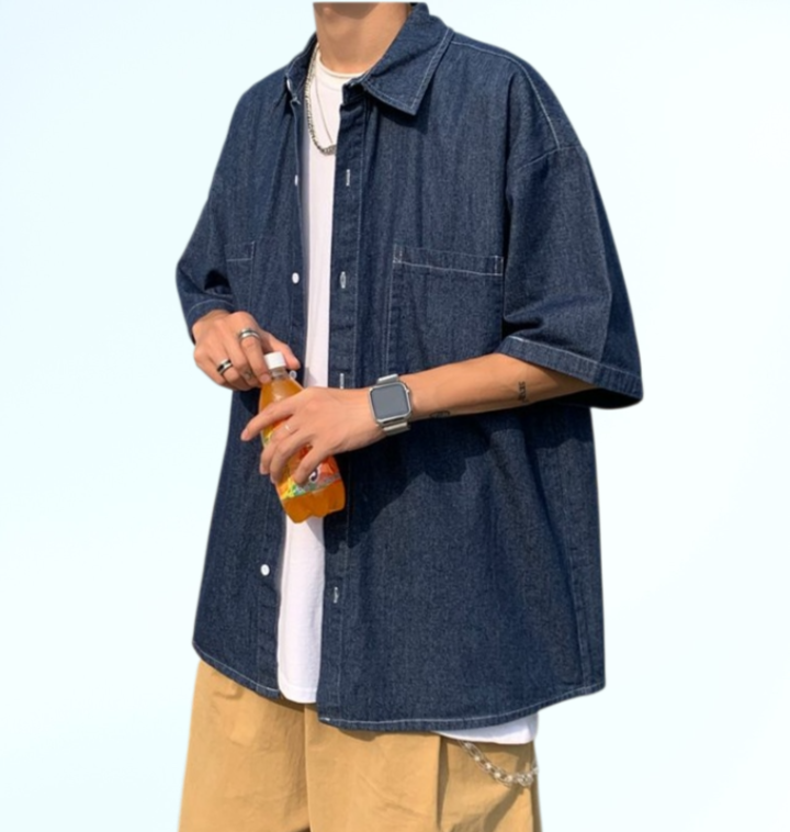 เสื้อเชิ้ตยีนส์แขนสั้นสไตล์เกาหลีสำหรับผู้ชาย เทรนด์ฤดูร้อน สำหรับวัยรุ่น