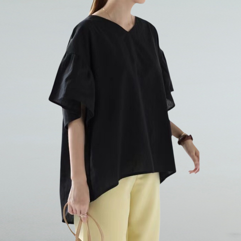 봄여름 한풍 ins 여성 상의 반팔 빅사이즈 루즈핏 셔츠 브이넥 프릴 숄더 블라우스