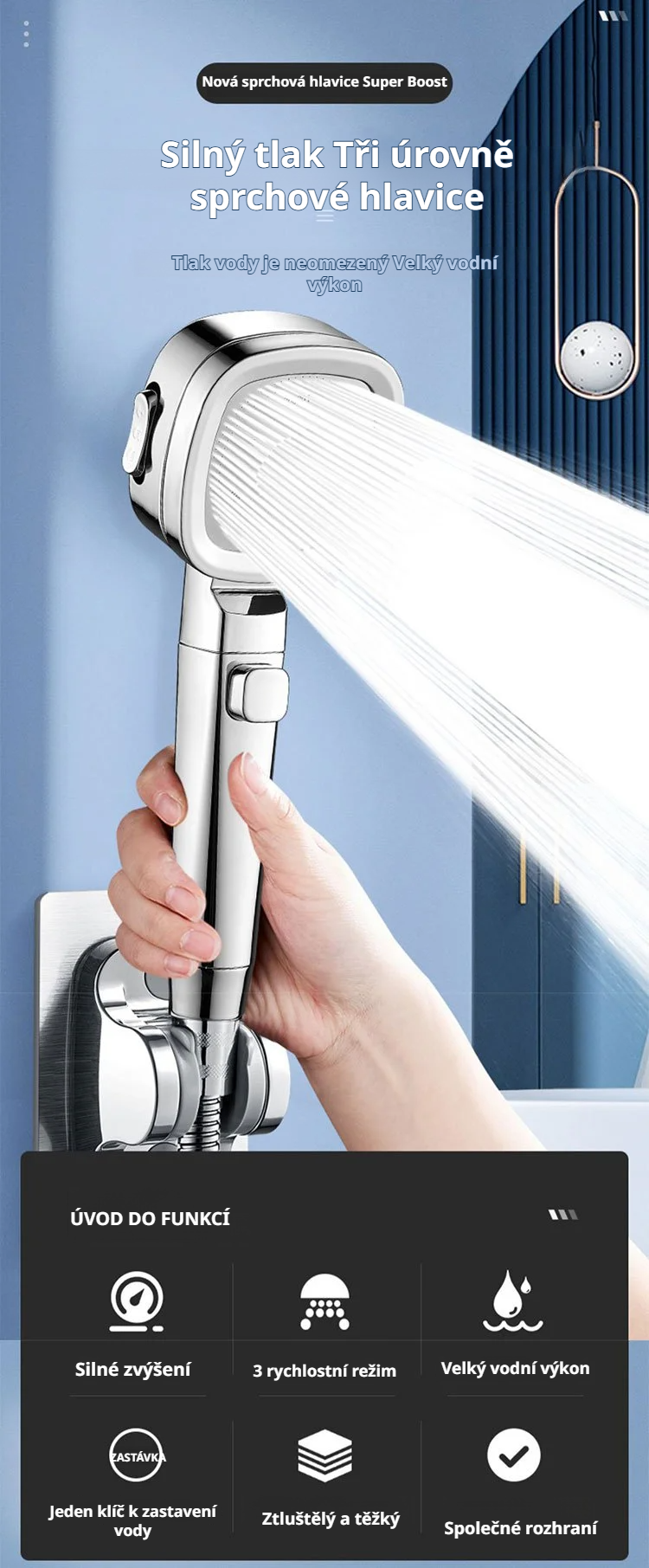 Čtvercová tlaková sprchová hlavice v moderní koupelně