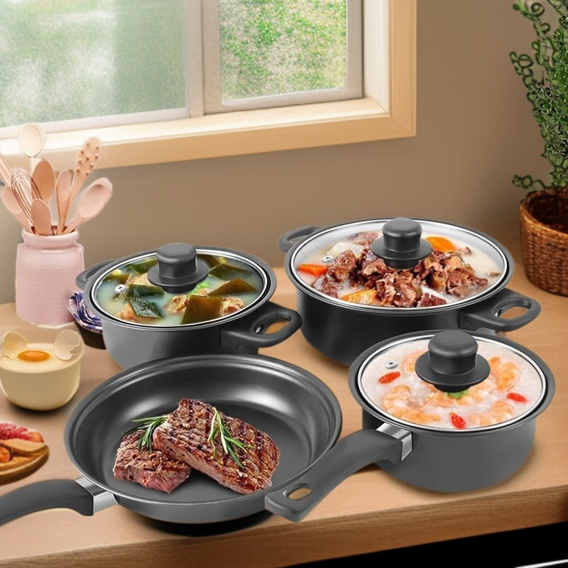 Hot selling 12-piece cookware set with spatula, non-stick soup pot, milk pot, frying pan, Maifan sto