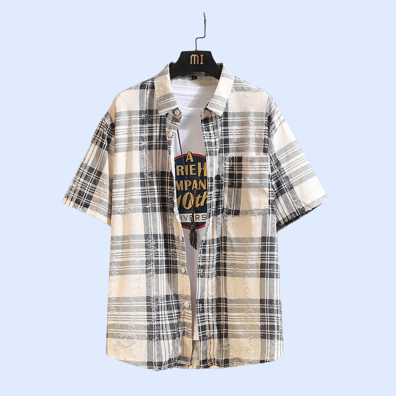 2025년 여름 신상 남성 체크 플라워 패치 반팔 셔츠 아우터