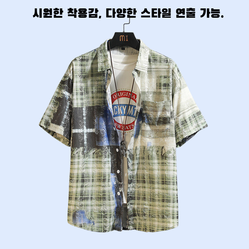 2025년 여름 신상 남성 체크 플라워 패치 반팔 셔츠 아우터
