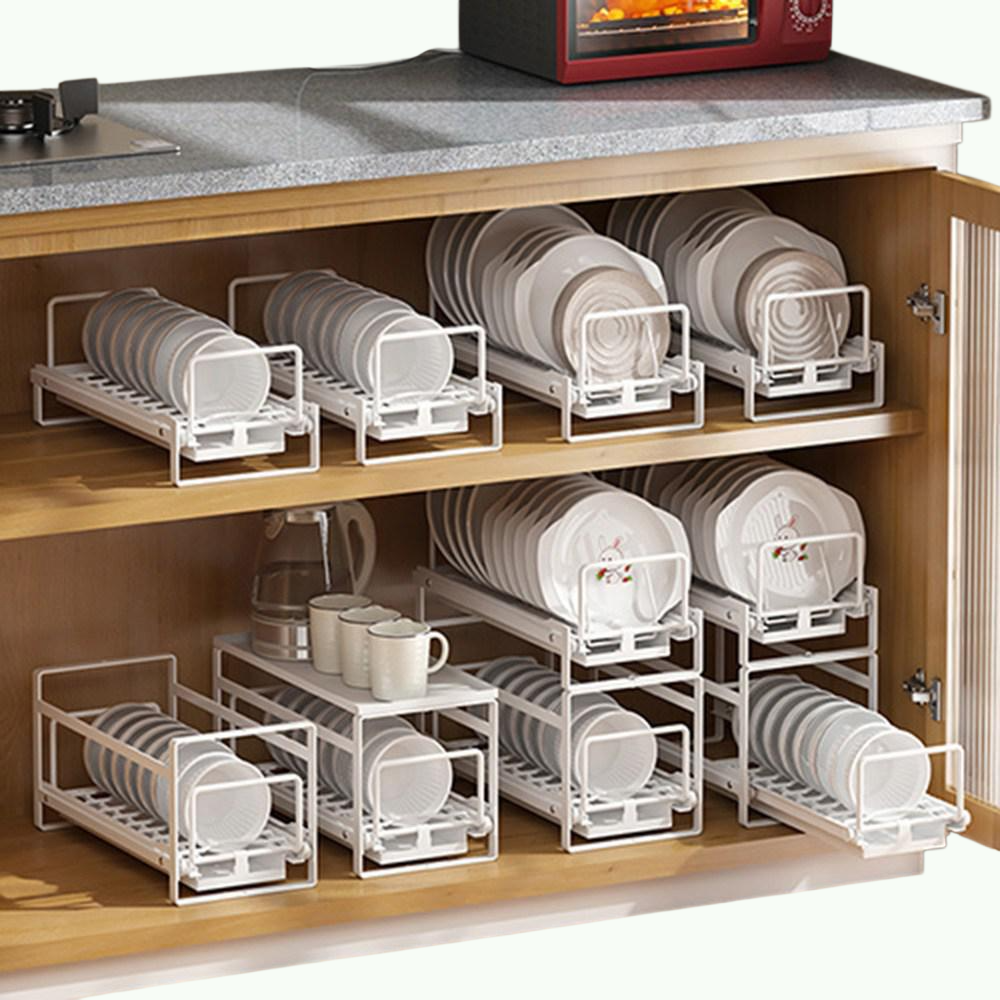 주방 수납 선반 인출식 슬라이딩 서랍형 접시 그릇정리대 그릇꽂이 흰색