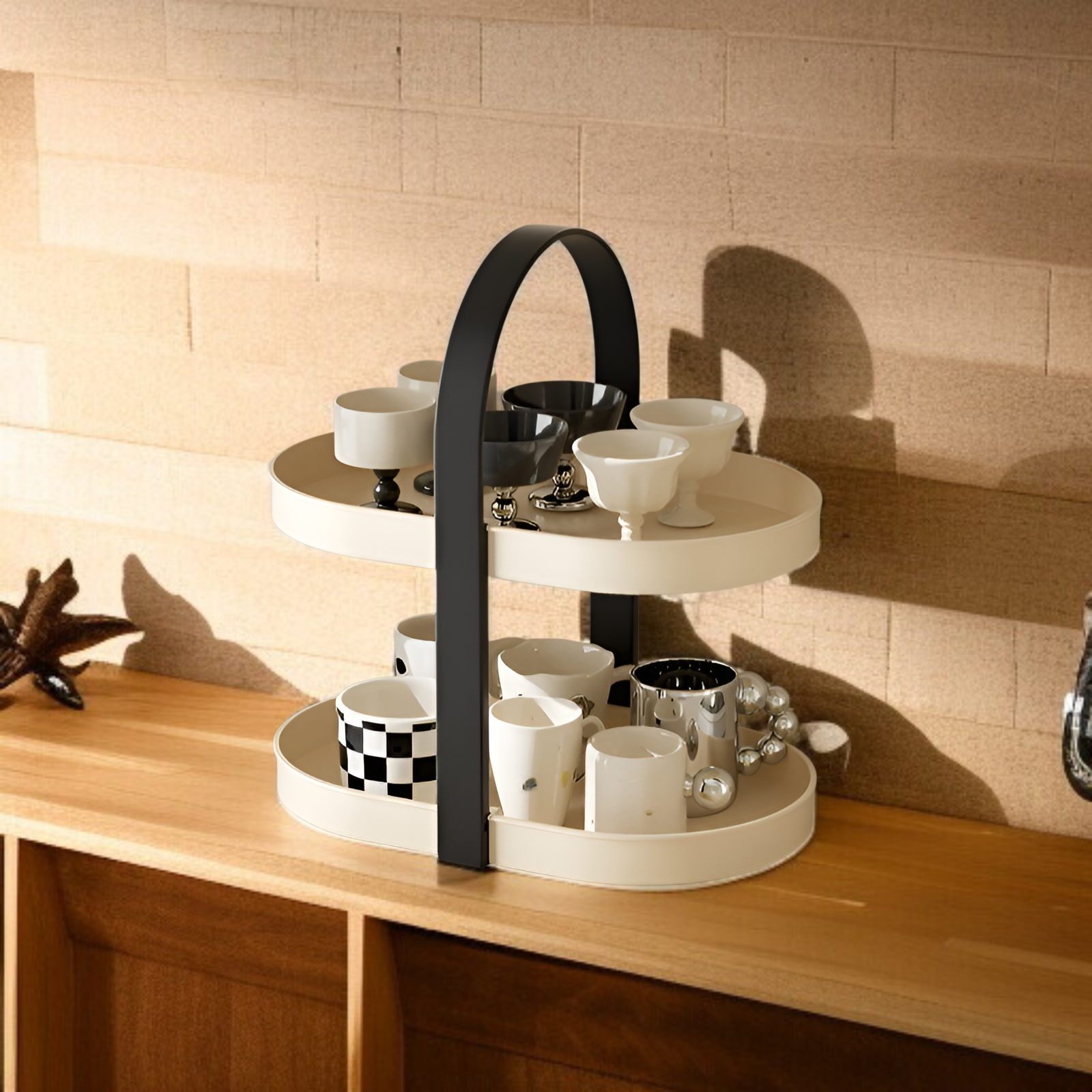 ティーカップマグコーヒーカップデスクトップティーテーブルカップホルダー防塵軽量高級シンプル多層パンチフリーフロア収納ラック
