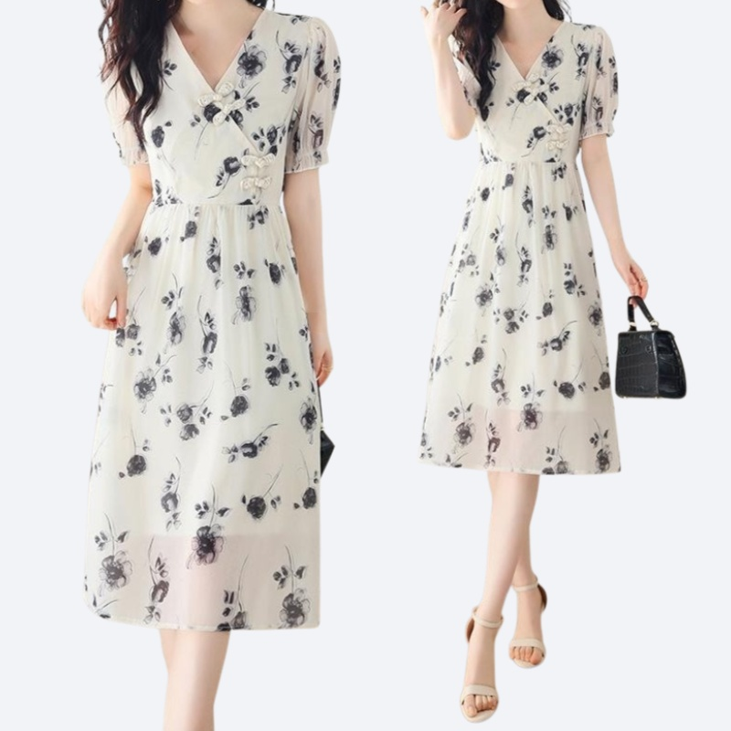 여성 여름 신상 슬림핏 날씬한 플라워 시폰 원피스