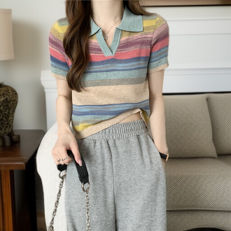 유니크한 디자인감의 여름 숏 시크 터틀넥 레인보우 스트라이프 니트 반팔티 상의녀