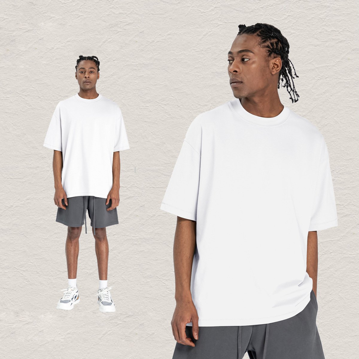 肩の落ちたゆったり抗菌コットン男性用tシャツです