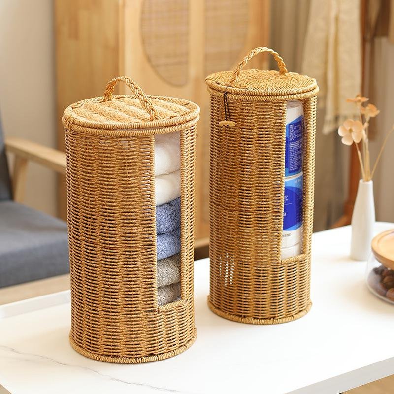 Imitation rattan round barrel with lid storage basket hotel homestay towel basket household toilet p