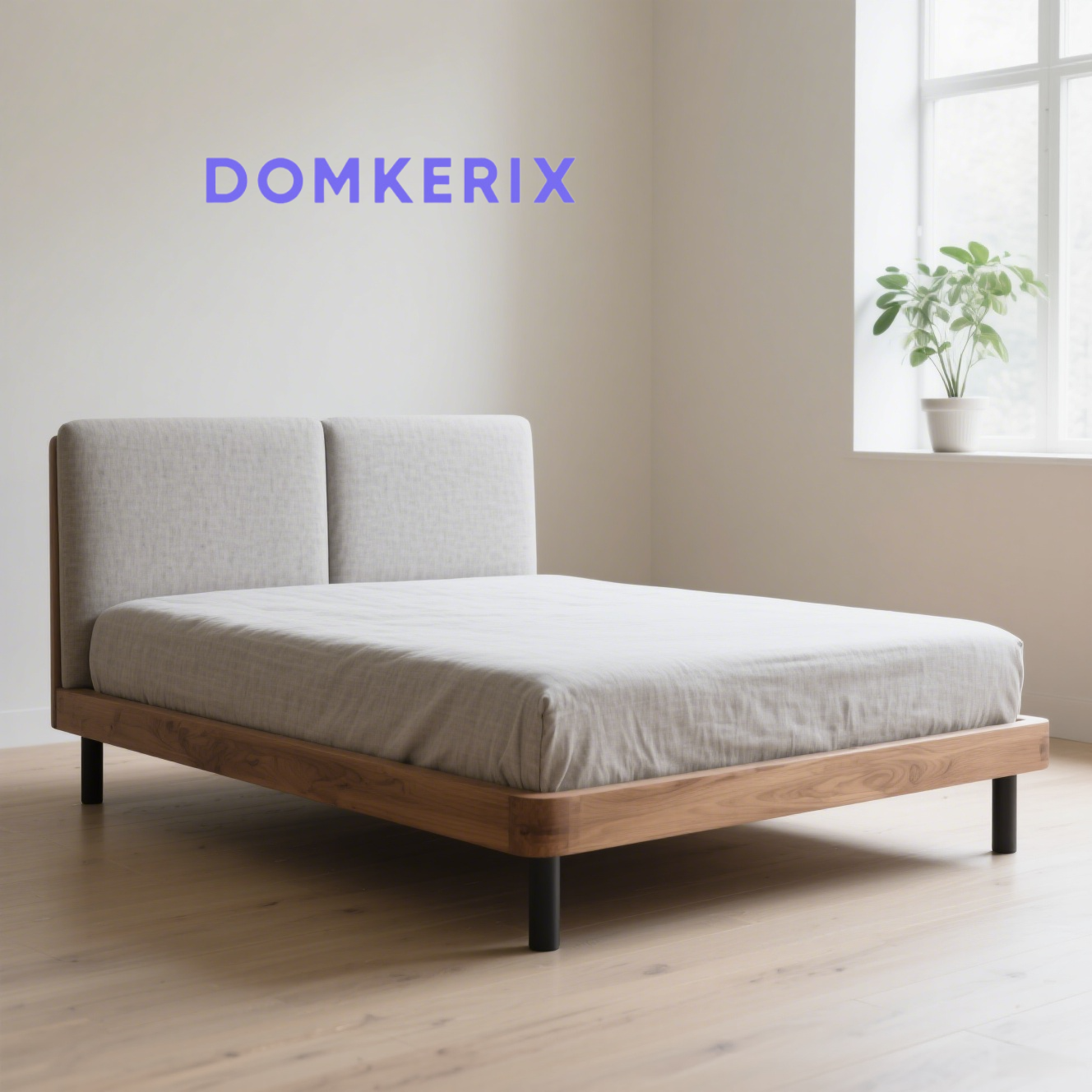 シンプルな侘び寂びスタイルの無垢材ファブリックベッド