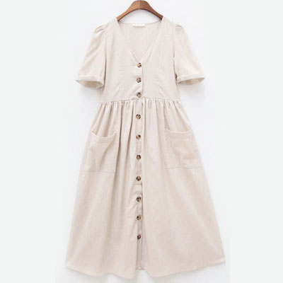 シャツワンピース  無地 半袖 マキシワンピ リネン Vネック aライン きれいめ カジュアル
