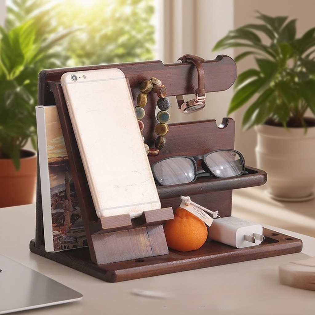 Tömörfa asztali mobiltelefon tartó, óra és kulcstartó az irodába
