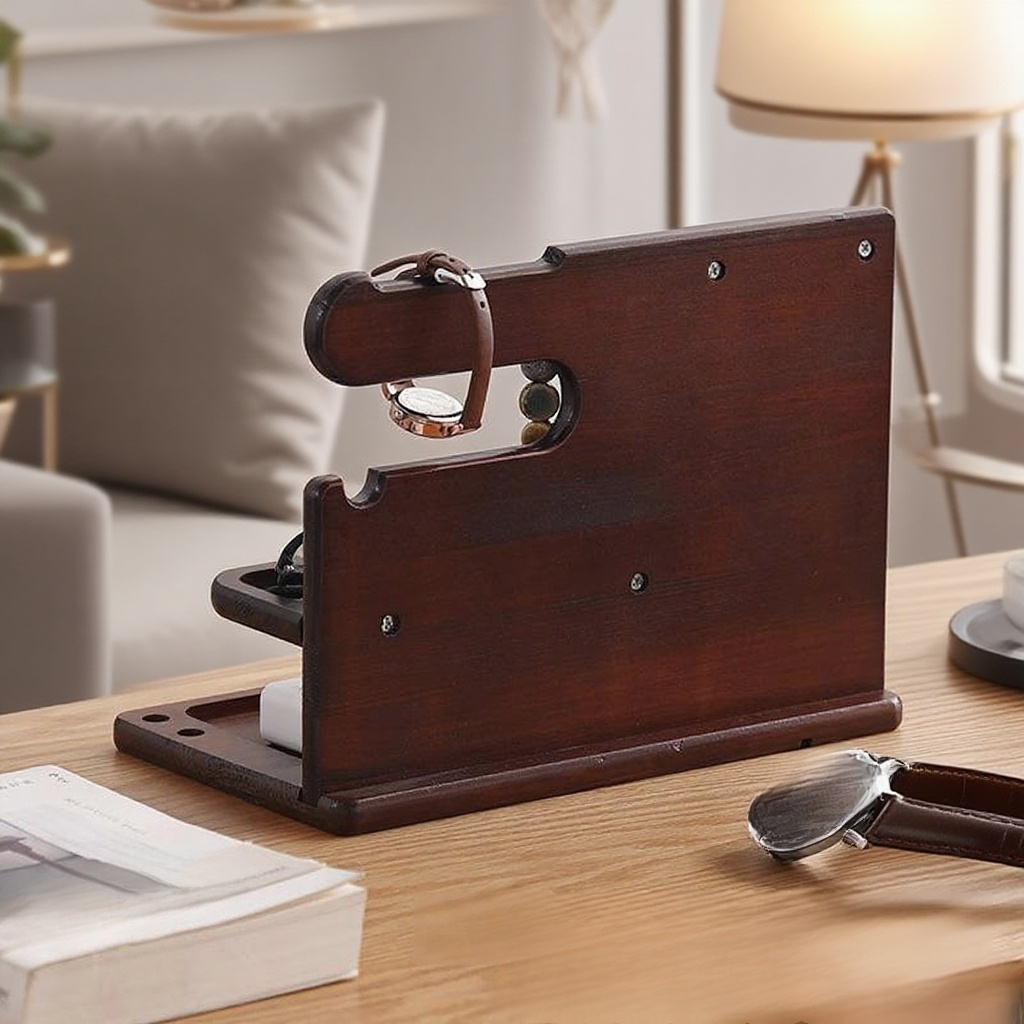 Tömörfa asztali mobiltelefon tartó, óra és kulcstartó az irodába