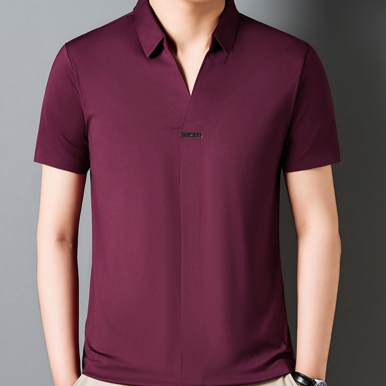 アイスシルク夏のビジネスカジュアルVネックシャツ 半袖メンズTシャツ 伸縮性の高いノンマーキングVネックシャツ