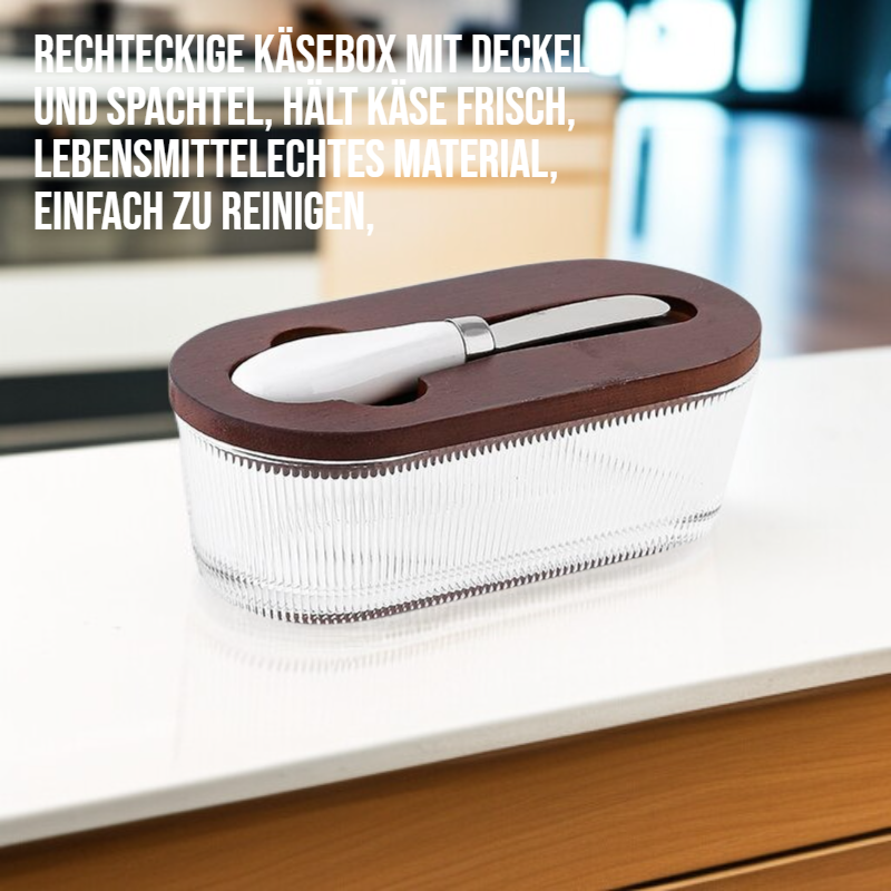 Rechteckige Heimkäsekonservierung mit Deckel und Spachel