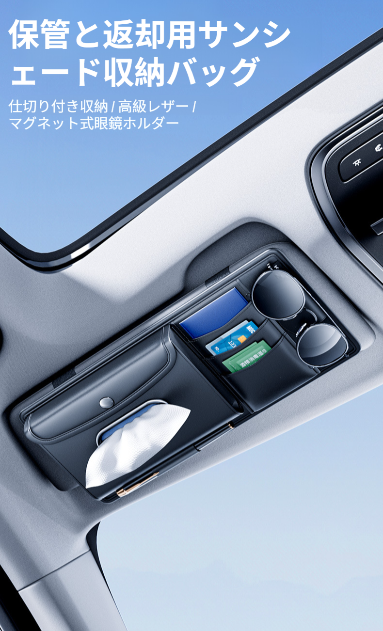 車用サンバイザーに取り付けたティッシュボックス