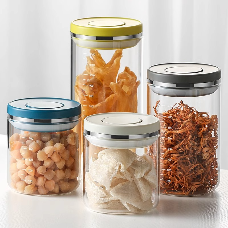 保存容器 密閉 コーヒー豆 パスタ入れ プッシュ式密封瓶高ホウケイ酸ガラス保存瓶キッチン乾物砂糖保存瓶ボックス食品グレード