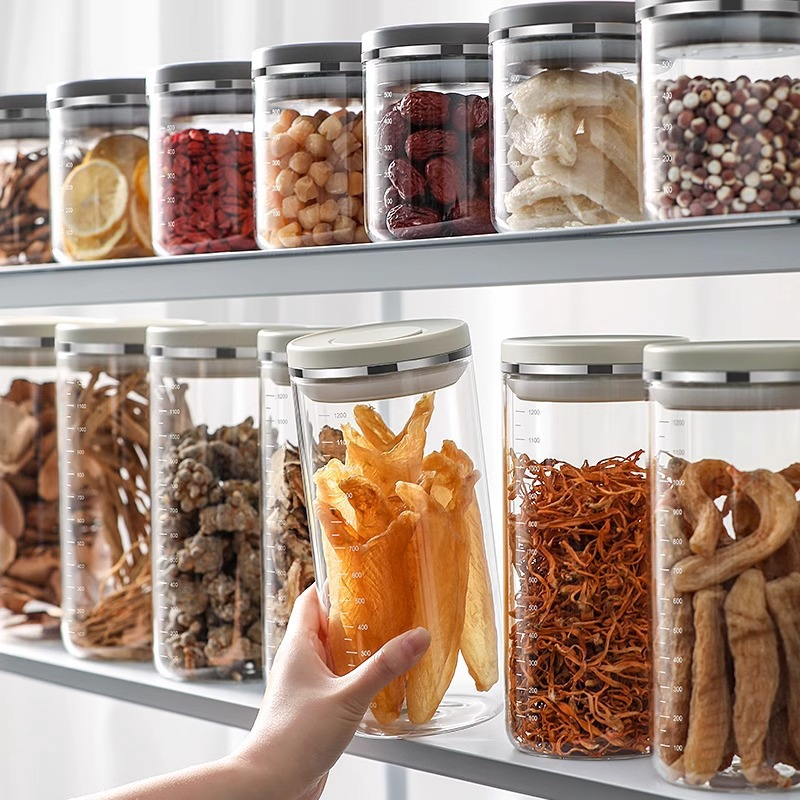 保存容器 密閉 コーヒー豆 パスタ入れ プッシュ式密封瓶高ホウケイ酸ガラス保存瓶キッチン乾物砂糖保存瓶ボックス食品グレード
