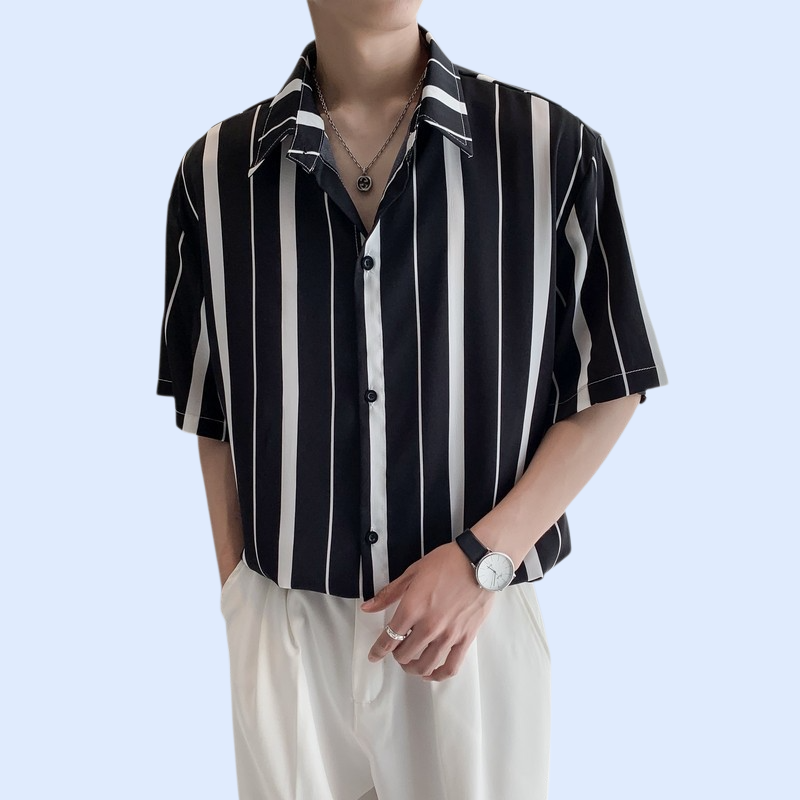 2025년 봄여름 신상 남성용 심플 스트라이프 아이스실크 쿨링 셔츠