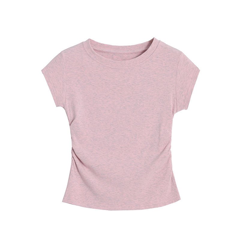 小柄女子用塩系ショルダー入りミニ袖トップス 夏 多巴胺スタイル 細身効果 丸ネックデザイントップス