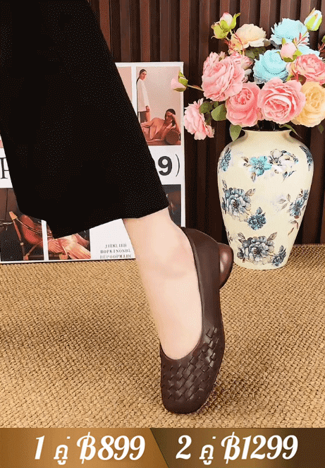 รองเท้าหนังนิ่มหัวเหลี่ยมสไตล์ฝรั่งเศสของผู้หญิง