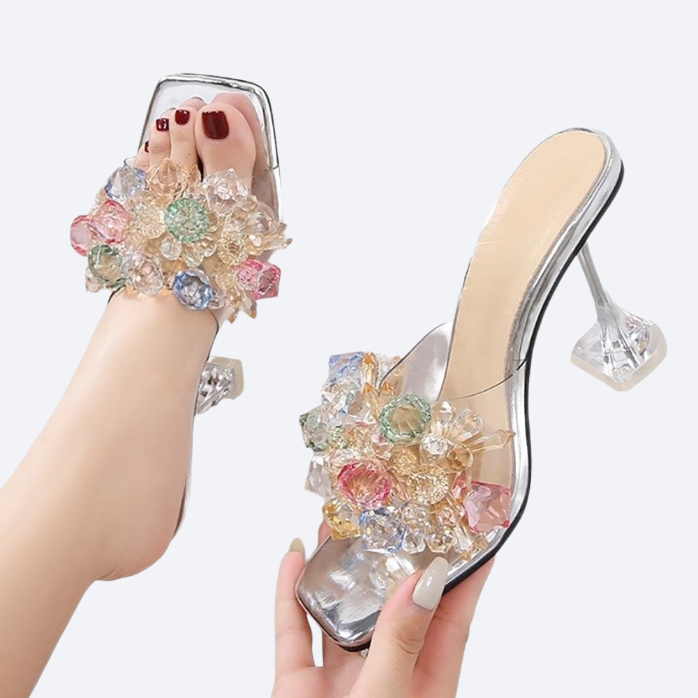 クリスタルフラワーハイヒールのスリッパ