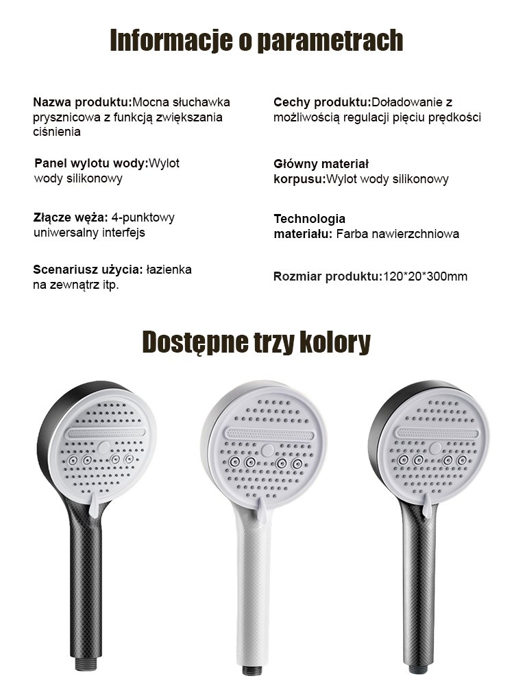Mocna słuchawka prysznicowa z funkcją zwiększania ciśnienia