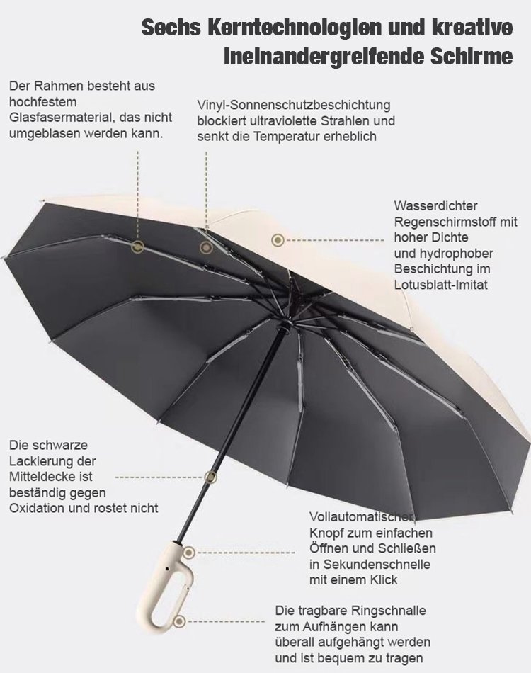 Vollautomatischer, äußerst strapazierfähiger Haken-Regenschirm für Sonne und Regen.