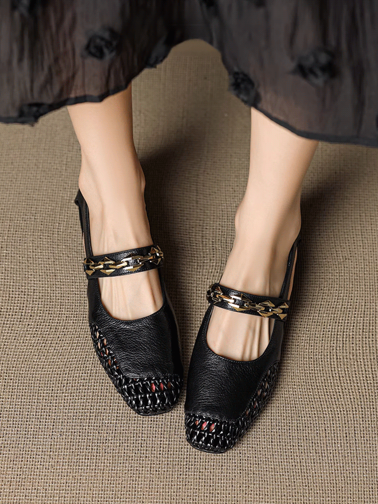 【疲れない3cmローヒール】フランス風の透かし編みレザーサンダル