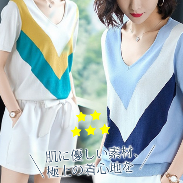 ニットtシャツ  ブラウス カットソー Vネック 3タイプ 通気吸汗 ゆったり カジュアル