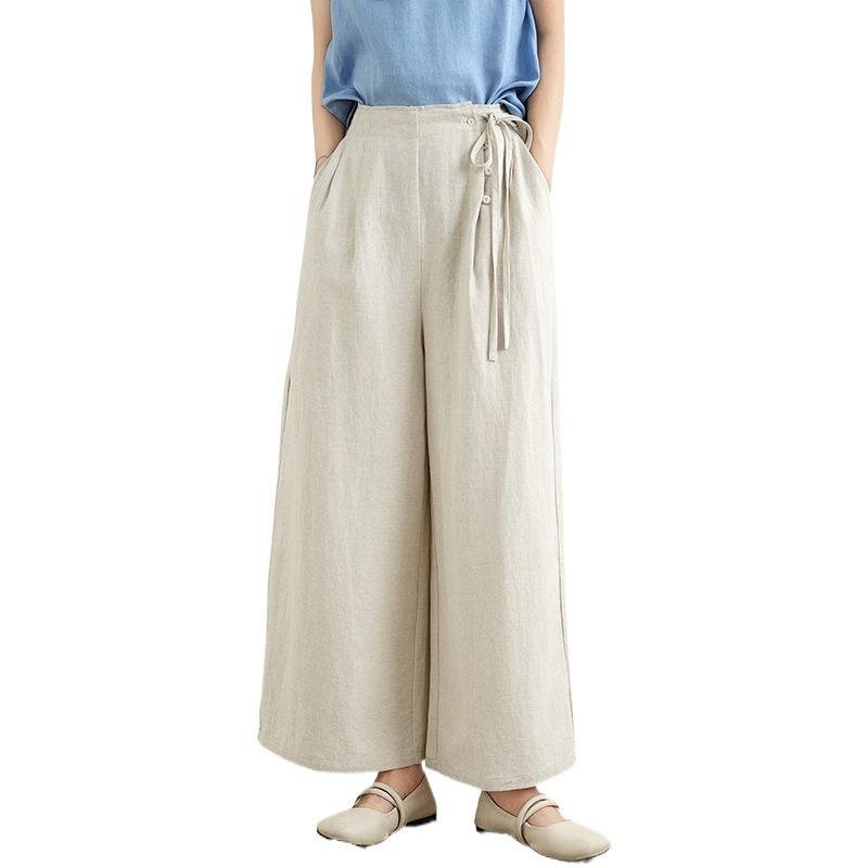 여름 얇은 면 마 문예 와이드 일자 와이드 팬츠 9부 캐주얼 바지 여#760