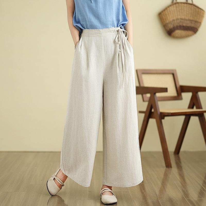 レディース夏用薄手綿麻ワイドストレートパンツ 九分丈 カジュアル