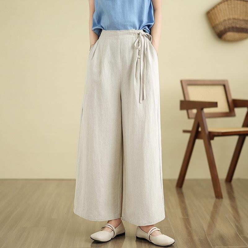여름 얇은 면 마 문예 와이드 일자 와이드 팬츠 9부 캐주얼 바지 여#760