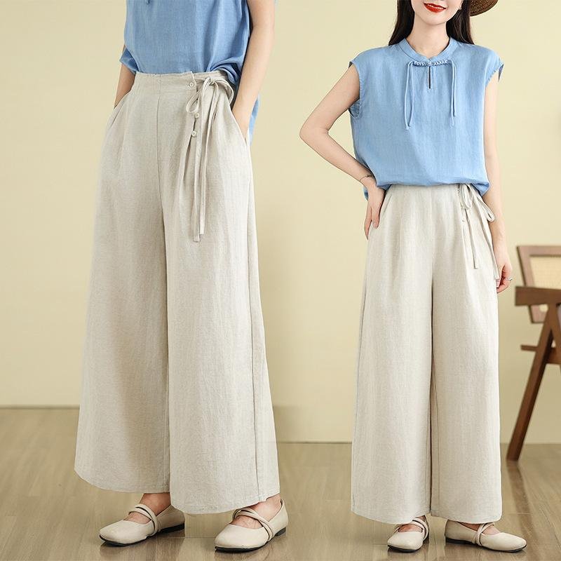 レディース夏用薄手綿麻ワイドストレートパンツ 九分丈 カジュアル