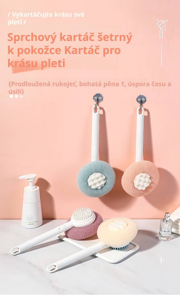 Měkký koupelnový kartáč s dlouhou rukojetí pro snadné mytí zad