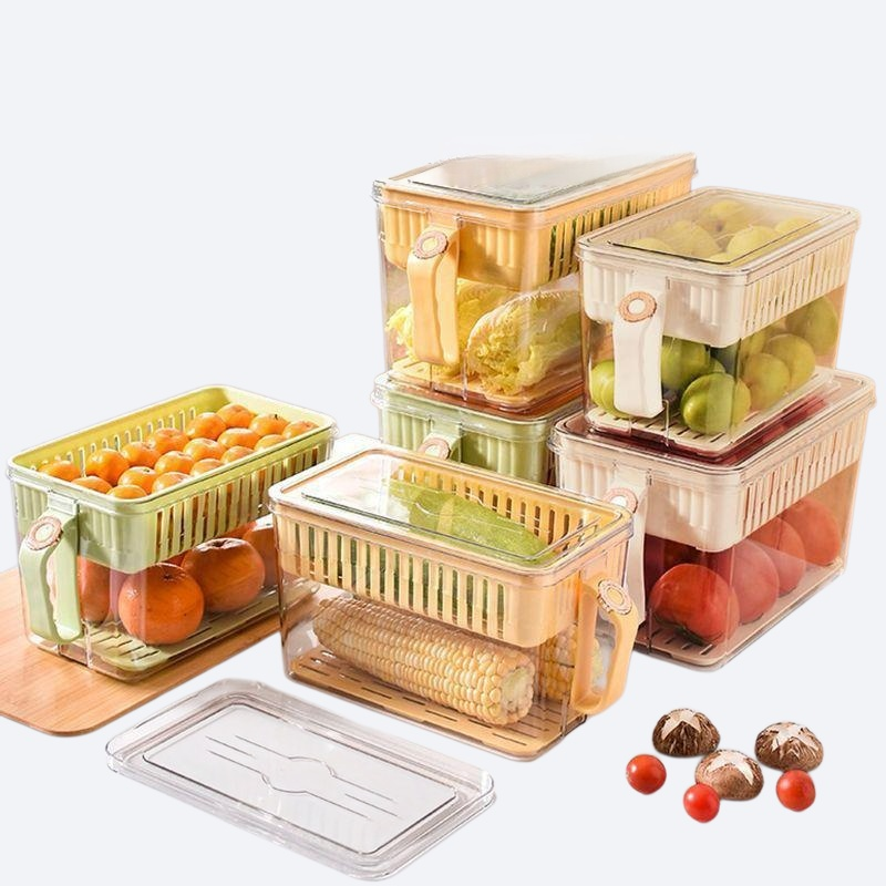 Food grade container with handle and lid for draining and preserving freshness