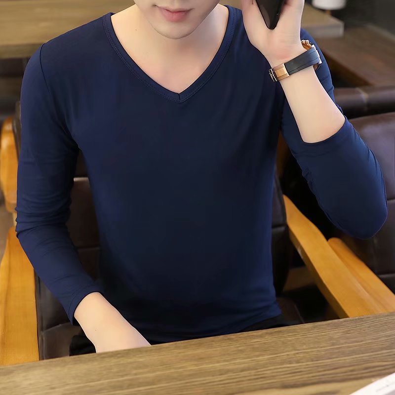 남성용 긴팔 블랙 V넥 티셔츠, 베이직 상의, 순색 가을 이너웨어 얇은 스타일