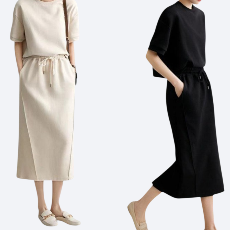 모던한 단색 반팔+스커트 세트