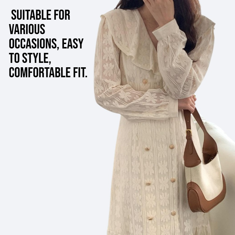 Lace hook flower V-neck ruffle edge dress