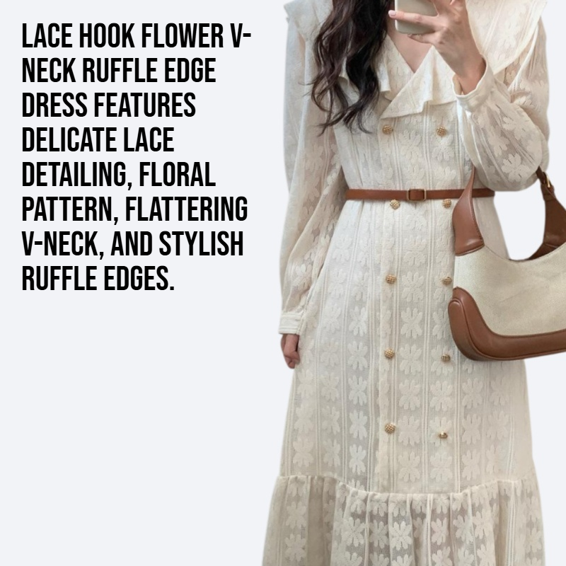 Lace hook flower V-neck ruffle edge dress