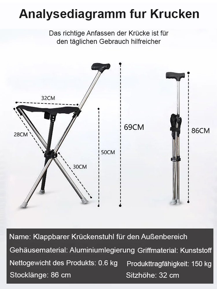 【Leichter Gehstock】In 1 Sekunde zu einem Stuhl entfaltet, trägt bis zu 150 kg.